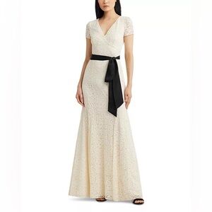 Ralph Lauren Cream Lace Maxi Dress with Black Sash